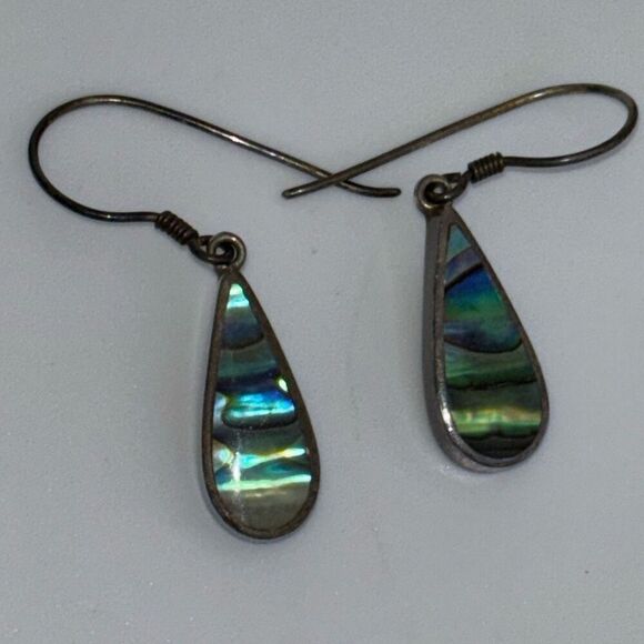 Vintage sajen silver & abalone rainbow dangle drop earrings - Picture 5 of 10